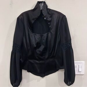 Mita Idees black satin corset top with sheer lace balloon sleeves back zipper.